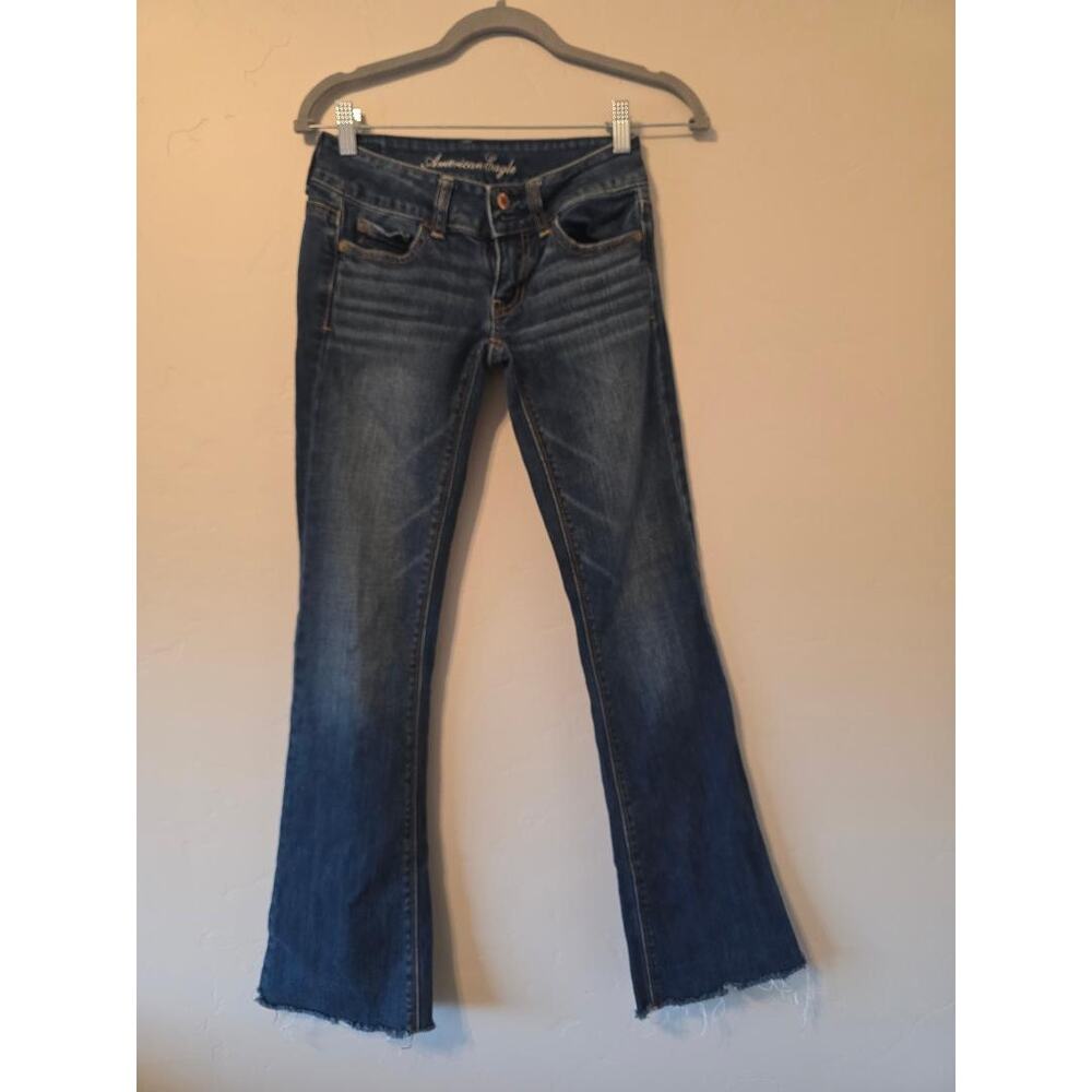 American Eagle Artist Stretch Flare Jeans Women’s 00 Long Dark Wash Raw Hem Y2K